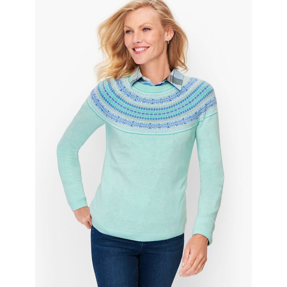 Talbots Fair Isle Yoke Crewneck Sweater Aqua Blue Women's Size M Lambswool Mint